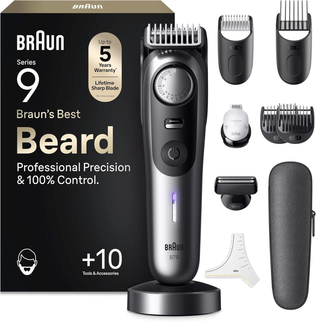 Braun Serie 9, Regolabarba Uomo, Rasoio Elettrico Barba con Lama Barba Problade e Strumenti Professionali, 40 Lunghezze, Base di Ricarica e Custodia Esclusiva, Bt9440 Grigio