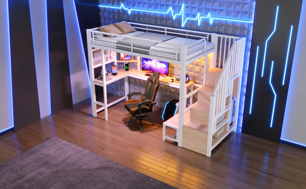 Letto a soppalco 90 × 200 cm con scrivania, pannello forato, ripiani, LED, USB e Type-C, senza materasso