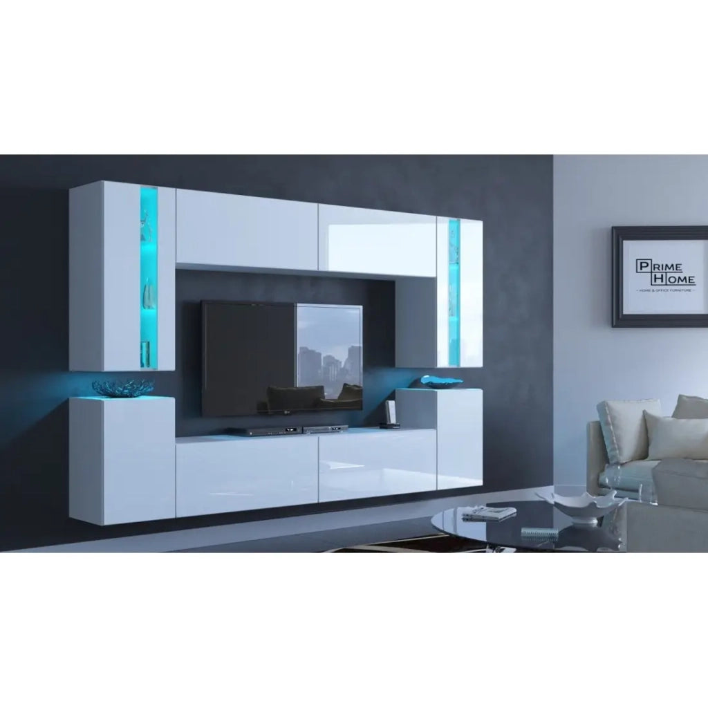 Set di mobili da soggiorno bianchi sospesi collezione CEPTO XXIV. 256cm, 8 pezzi, con LED, modulari.