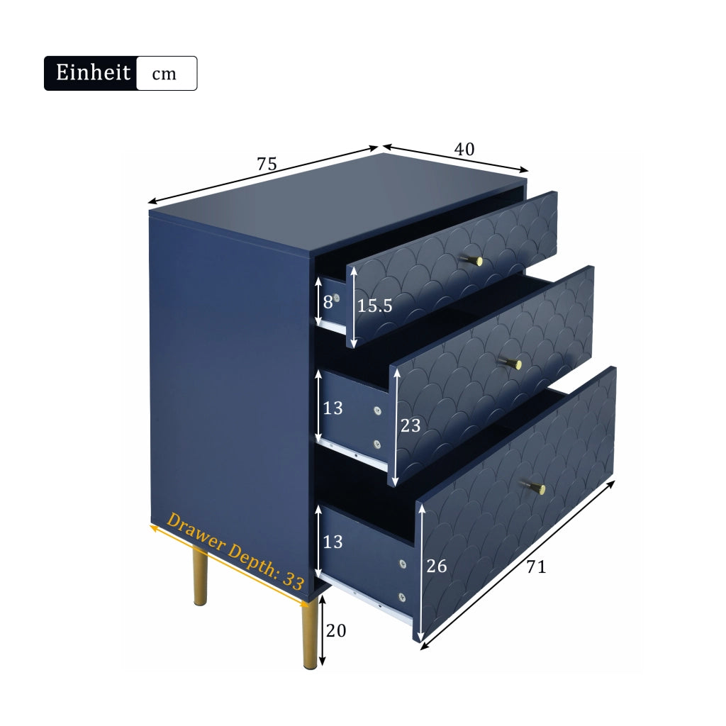 OKWISH Comò con 3 Cassetti, Frontale con Motivo a Scaglie e Gambe in Metallo, Legno e Metallo, Blu Navy, 75 x 40 x 89 cm