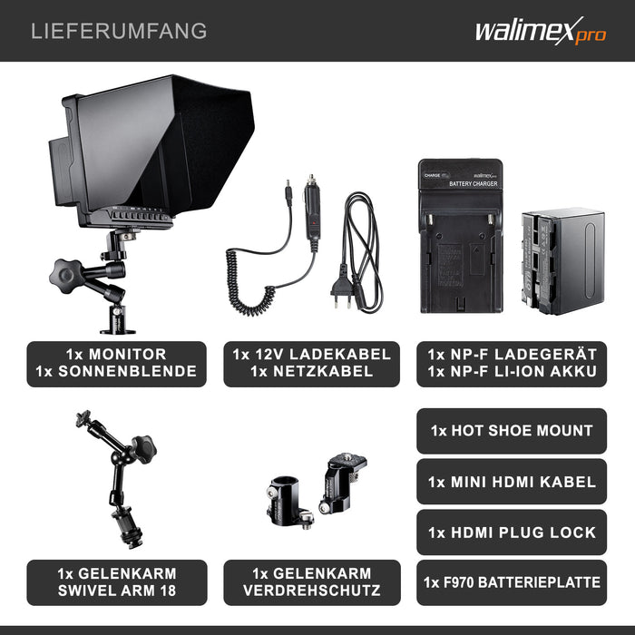Full HD Monitor Director III Set - display LCD IPS da 7 pollici - assistente di messa a fuoco - con ingresso HDMI e AV - batteria e caricabatterie inclusi