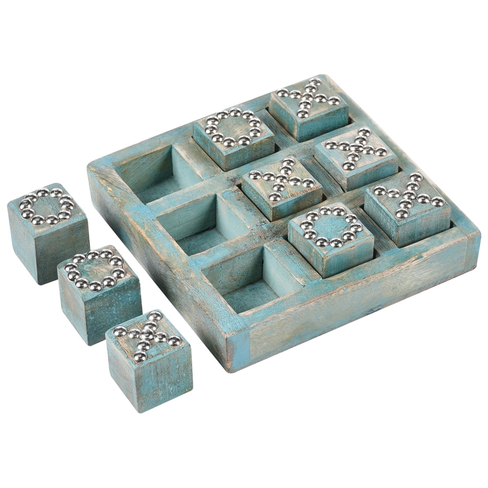 Gioco del tris da tavola blu Accessorio decorativo in legno di mango Soggiorno
