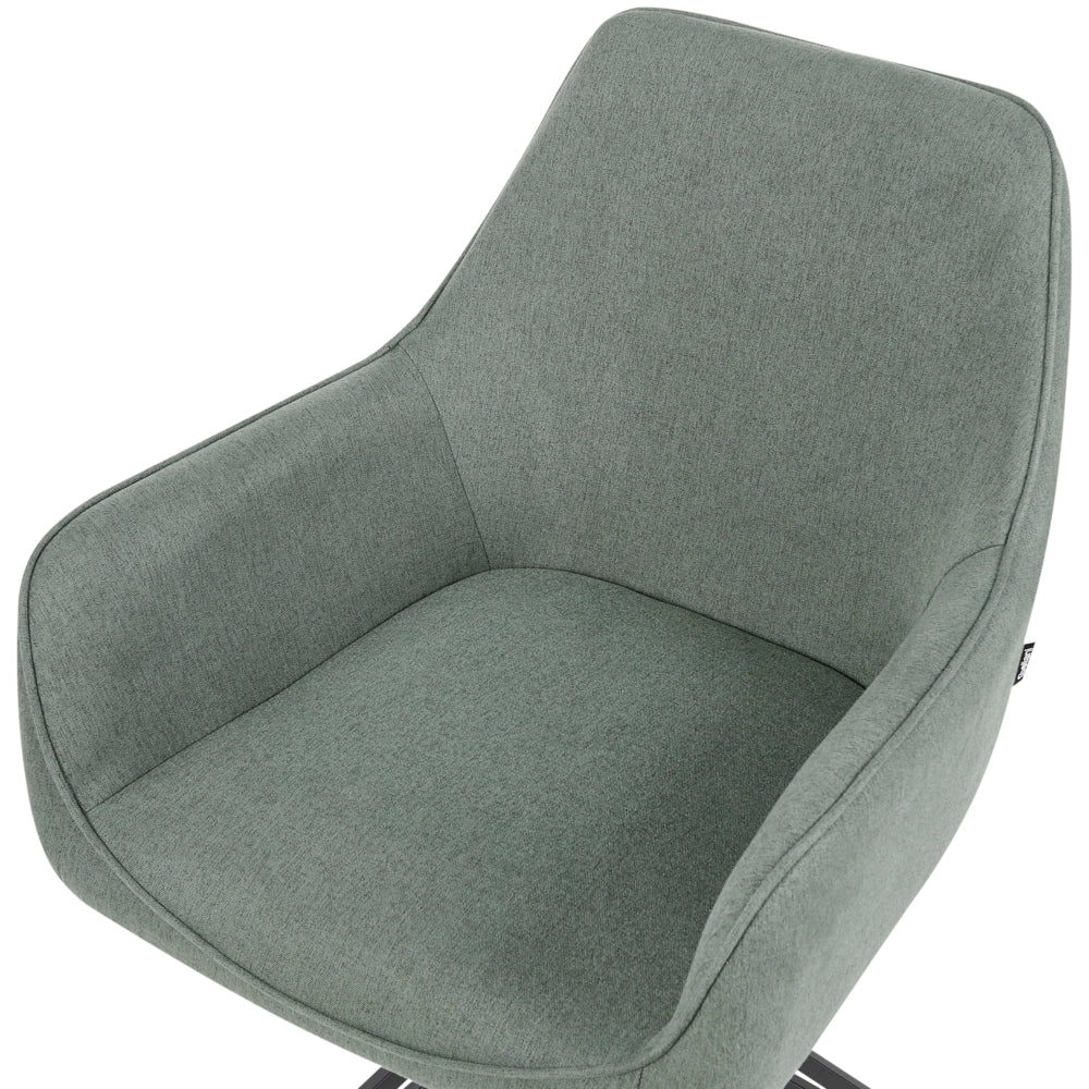 Set di 2 sedie da pranzo girevoli in tessuto verde scuro con braccioli e schienale in metallo nero con gambe in stile retrò