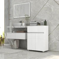 kleankin Mobiletto da Bagno su Piedi con 2 Porte e 1 Cassetto, Scaffale Regolabile, Bianco Lucido