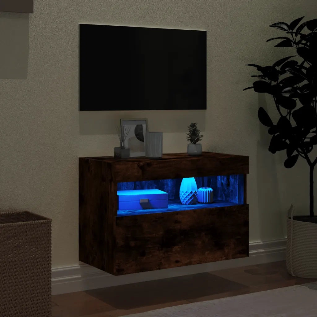 Mobile TV a Parete con Luci LED Rovere Fumo 60x30x40 cm 837191