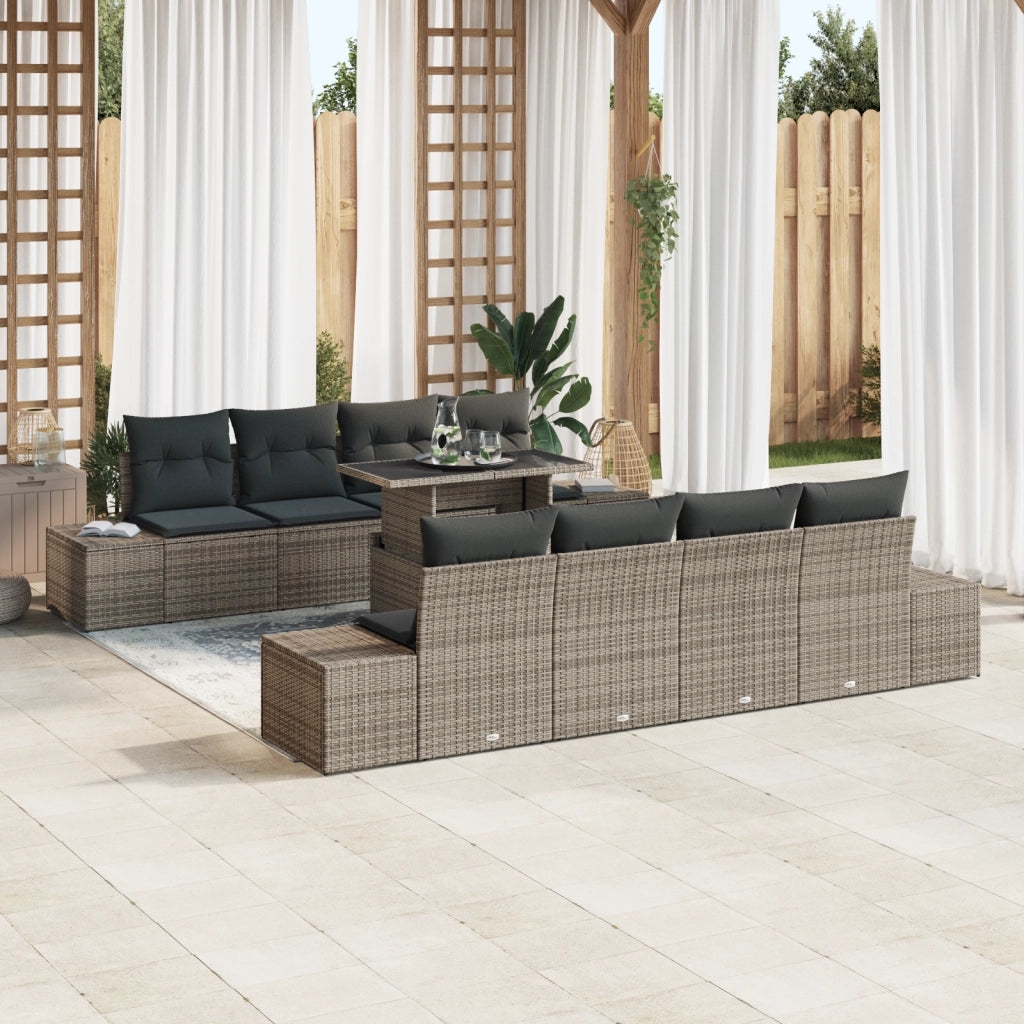 Set divani giardino 9 pezzi con cuscini grigi in polyrattan