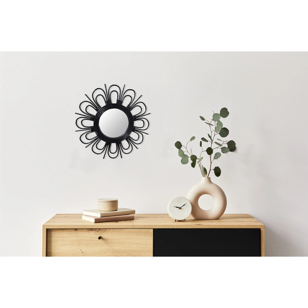 Specchio rotondo Aina in rattan nero stile boho