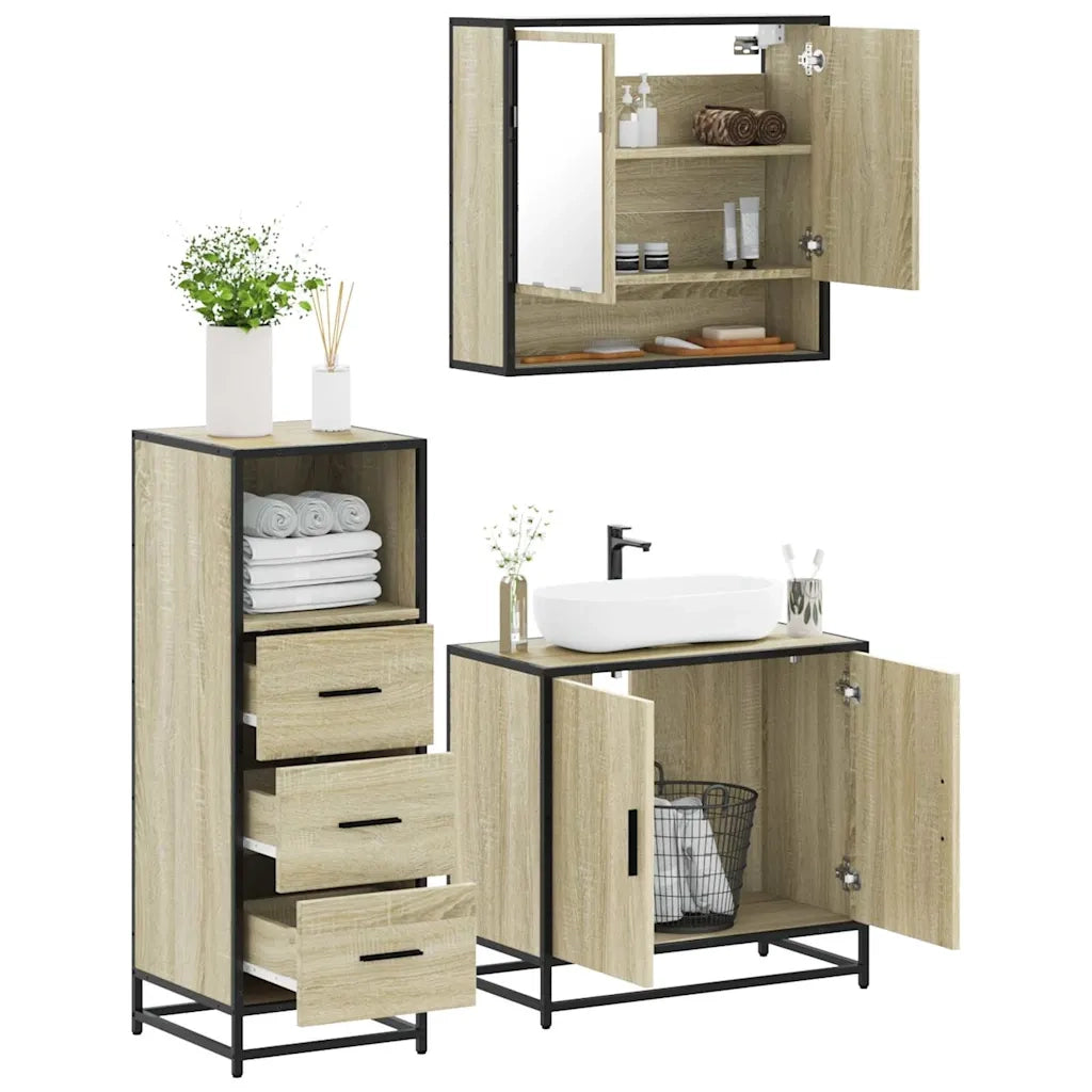 Set Mobili da Bagno 3 pz Rovere Sonoma in Legno Multistrato