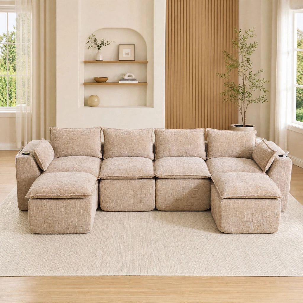 Divano modulare componibile in chenille color khaki con tasche laterali; 322 x 161 x 75 cm