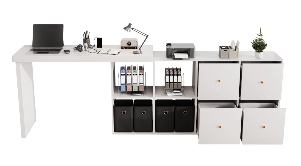 Scrivania angolare girevole a 360° con 4 cassetti e 4 vani, con sistema antiribaltamento, per ufficio, in MDF, bianco