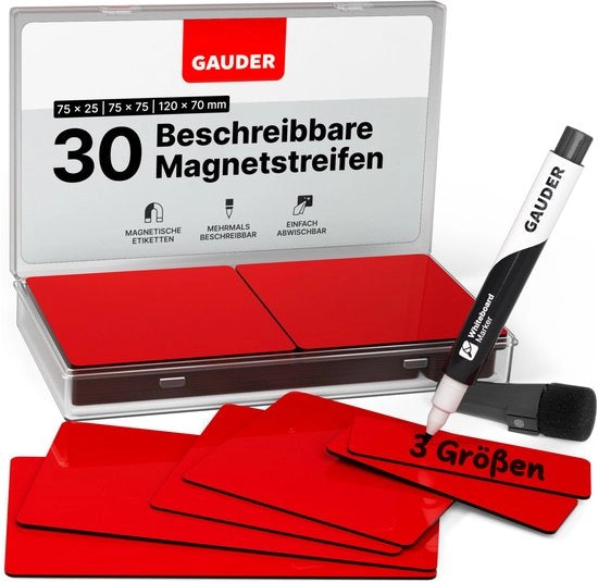 Etichette magnetiche descrittive - tavole magnetiche riciclabili per lavagne, lavagne scolastiche, lavagne Kanban e frigoriferi - cartellini magnetici con pennarelli (30 pezzi - 3 misure)