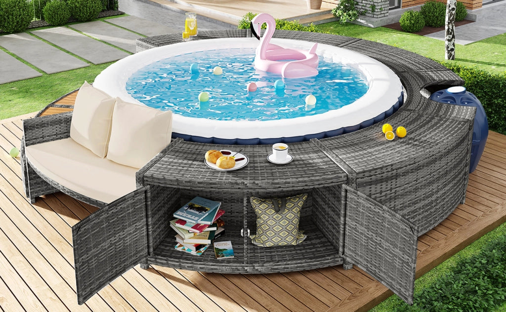 Set da salotto da giardino divano rotondo con cuscini piedini regolabili per terrazzo e zona piscina grigio