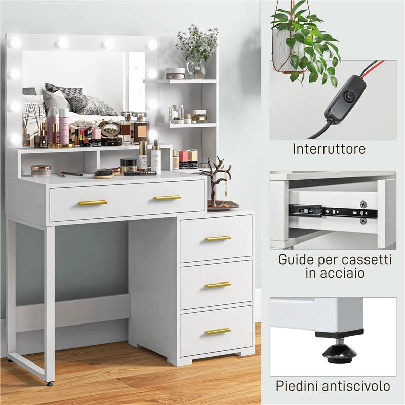 TAVOLO DA TRUCCO IN LEGNO CON 4 CASSETTI, 6 RIPIANI APERTI E SPECCHIO, 100X40X138 CM, BIANCO