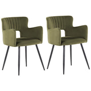Set di 2 sedie da pranzo velluto verde oliva braccioli schienale intagliato gambe in metallo moderna industriale