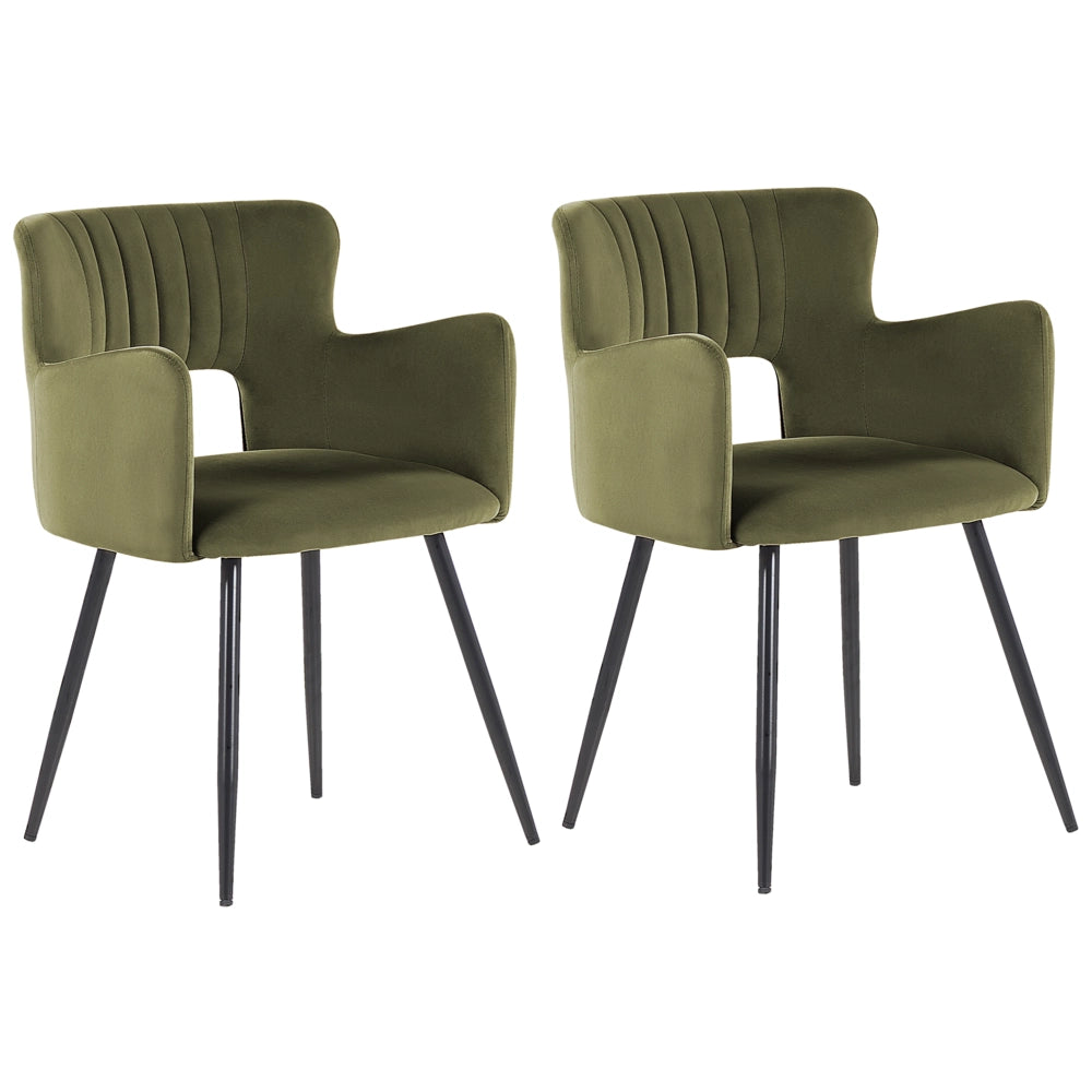 Set di 2 sedie da pranzo velluto verde oliva braccioli schienale intagliato gambe in metallo moderna industriale