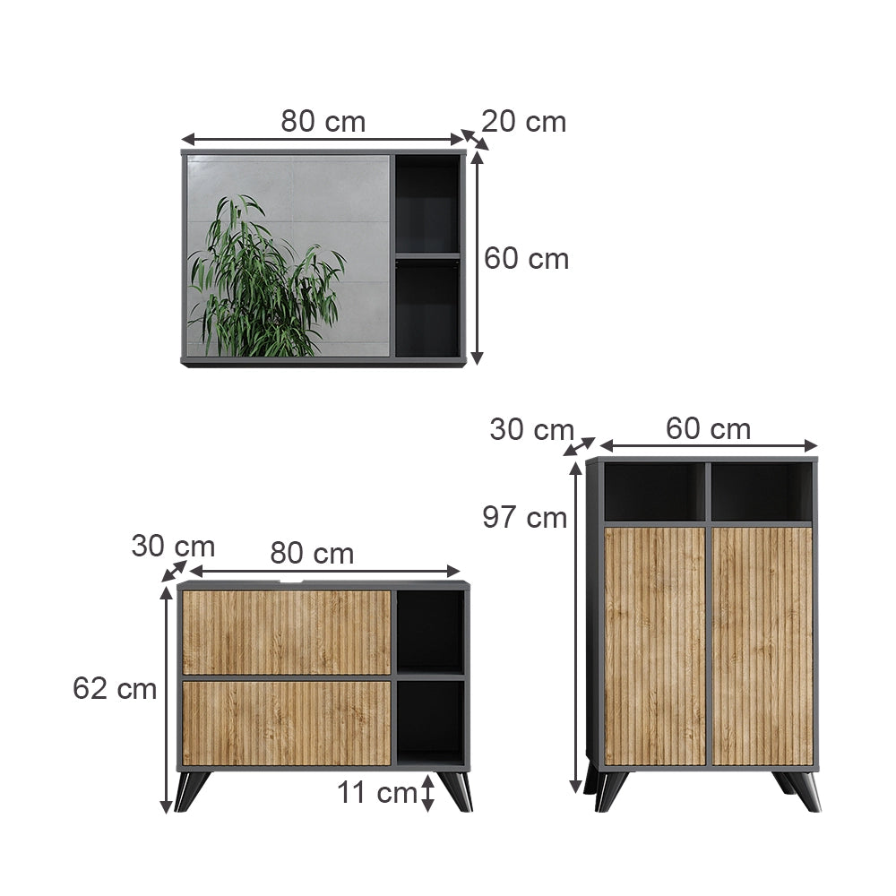 Vicco Set di mobili da bagno Antracite/quercia di montagna 80 cm, set 2