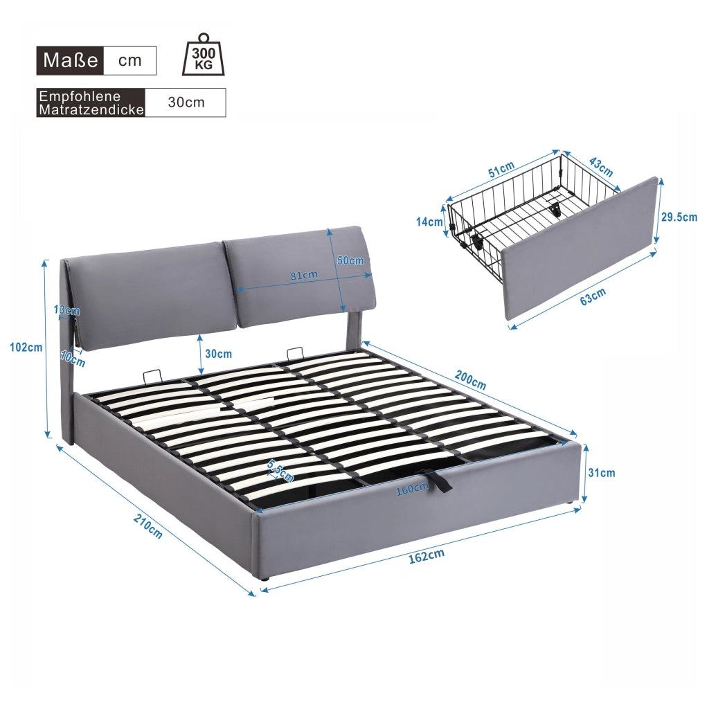 Letto imbottito 160x200 cm in velluto grigio con contenitore, 3 cassetti, testiera regolabile e rete a doghe