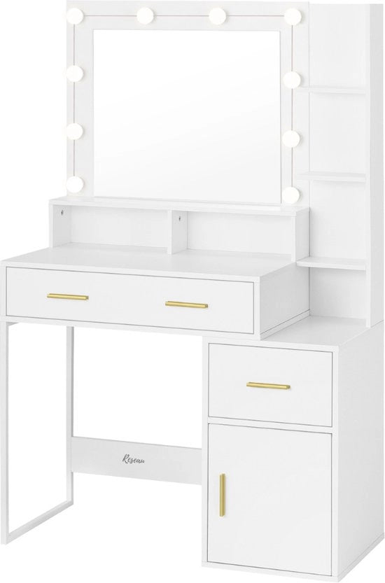 Tavolo per il bagno con specchio e illuminazione - Tavolo per trucco - Tavolo Hollywood - 90x40x143 cm - Lampade a LED - Bianco