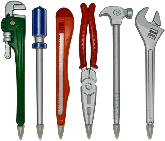 pennarello, inchiostro nero, materiali di fissaggio, astuccio per penne, chiave inglese, pinza, lima, mazzetta, chiave a stella.