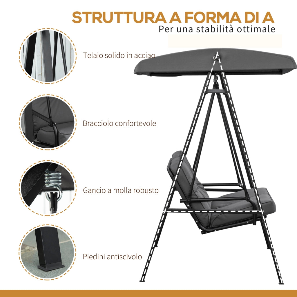 Dondolo 2 Posti con Tettuccio Regolabile e Cuscini, in Acciaio e Poliestere, 144x117x173 cm, Grigio