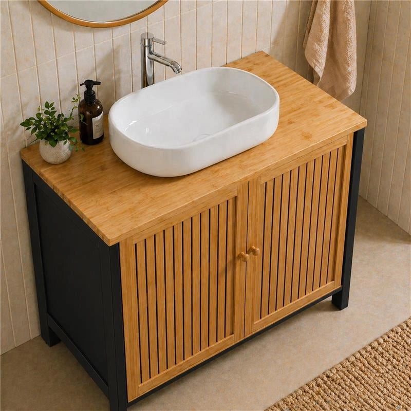 MOBILE SOTTOLAVABO IN LEGNO NERO CON 2 ANTE IN BAMBOO DIMENSIONI 60X30X70 CM