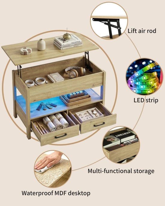 Tavolo salotto con spazio di stoccaggio - Altezza regolabile - Tavolino in legno - Tavolo multifunzionale per caffè - Arredamento moderno per soggiorno - Dimensioni 100 x 50 x 47,5-62 cm