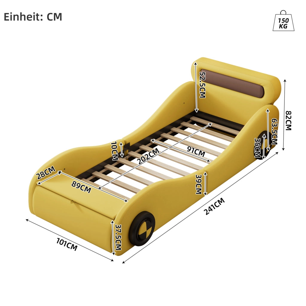 Letto auto imbottito 90x200 cm con ruote luminose e vano contenitore