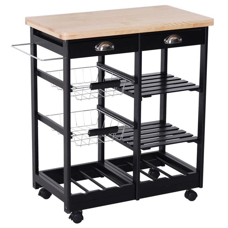 CARRELLO DA CUCINA CON CASSETTI E PORTABOTTIGLIA VINO LEGNO E NERO