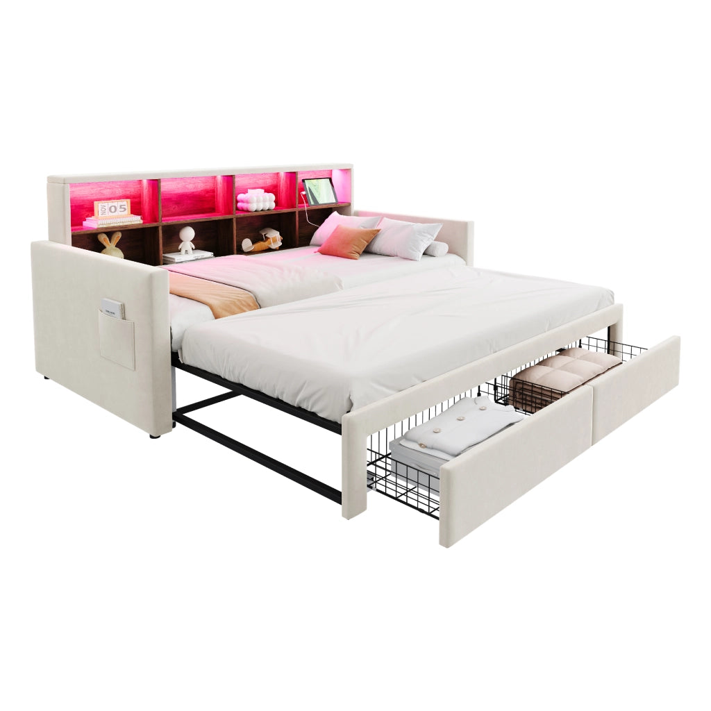 OKWISH Letto Divano, Letto Singolo con Estensione Estraibile, 2 Cassetti, LED, USB e Tipo C, 90 x 190 cm, senza Materasso