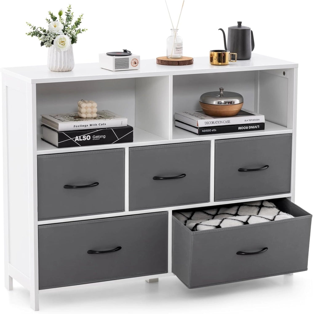 Cassettiera in Tessuto, Cassettiera con 5 Cassetti e 2 Ripiani Aperti, con Contenitori in Tessuto e Ampio Piano, per Camere da letto, Soggiorno e Ingresso, 100 x 30 x 78 cm