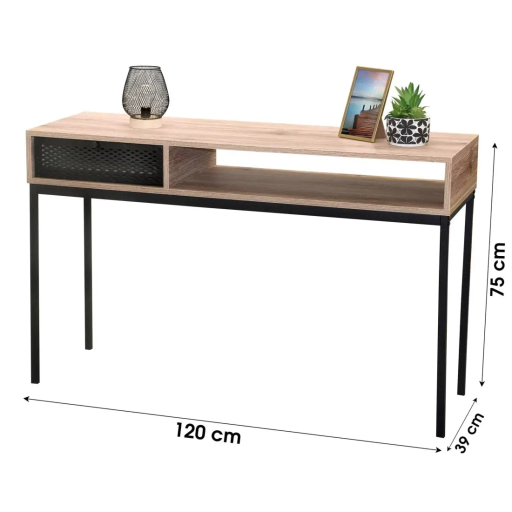 Consolle d''ingresso in stile classico – Un cassetto e uno scomparto, colore rovere invecchiato, dimensioni 120x39x75 cm – Collezione METALIX
