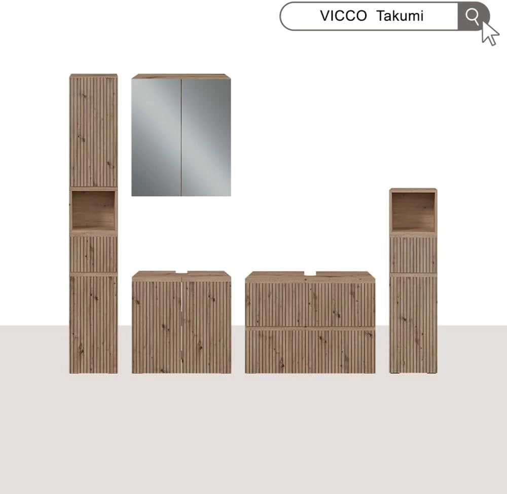 Set di mobili da bagno 3 pezzi Takumi, Artigiano, 60 cm, composto da mobile sottolavabo, specchiera e mobile medio