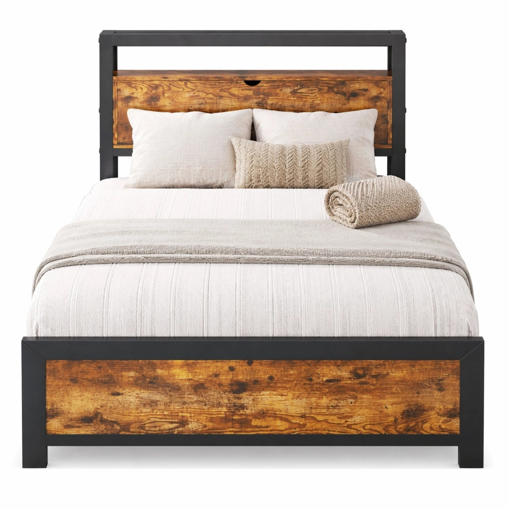 Letto singolo 90x200 cm in metallo e legno con testiera contenitore, struttura industriale, nero