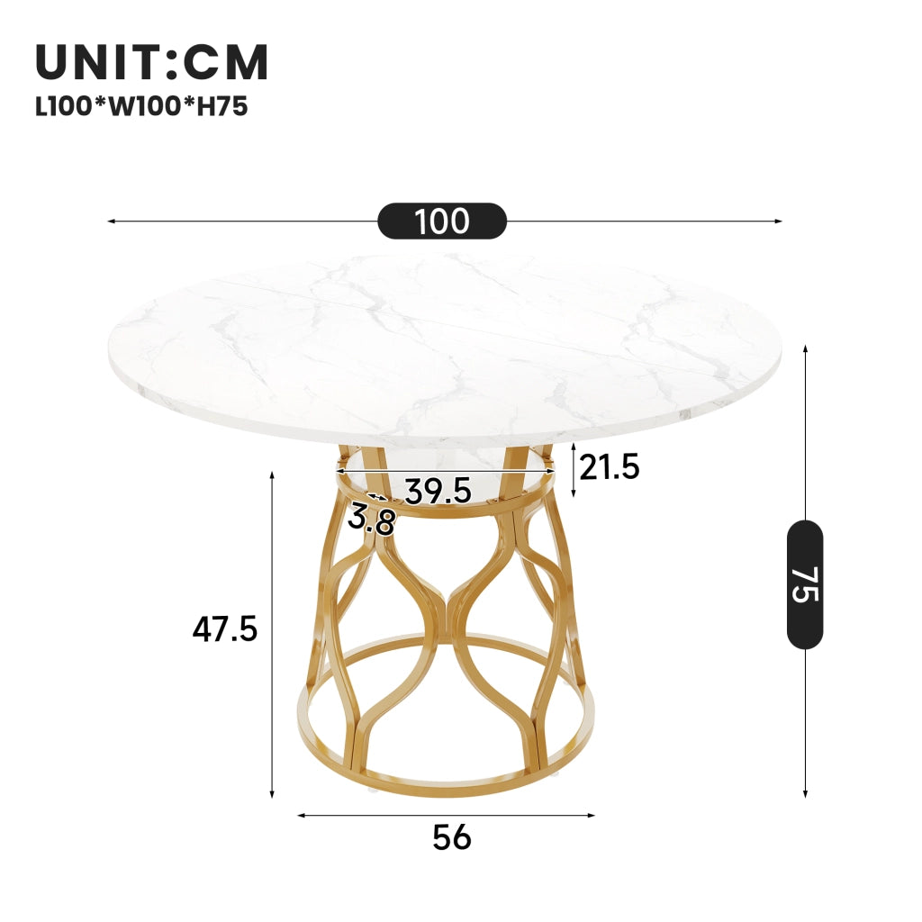 TAVOLO da Pranzo Rotondo 100x100x75 cm Bianco e Oro con Ripiano