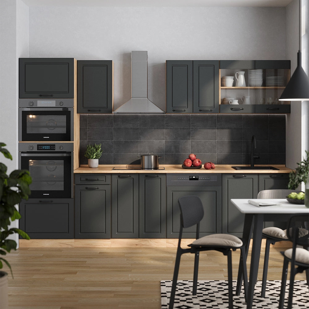 Vicco Cucina componibile Antracite casa di campagna/rovere dorato 300 cm con armadio alto, PL Marmo