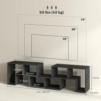 Mobile TV 75" max Modulabile con 2 Ripiani a L e Mensola Rettangolare, in Legno, 134-180x30.5x44 cm, Nero