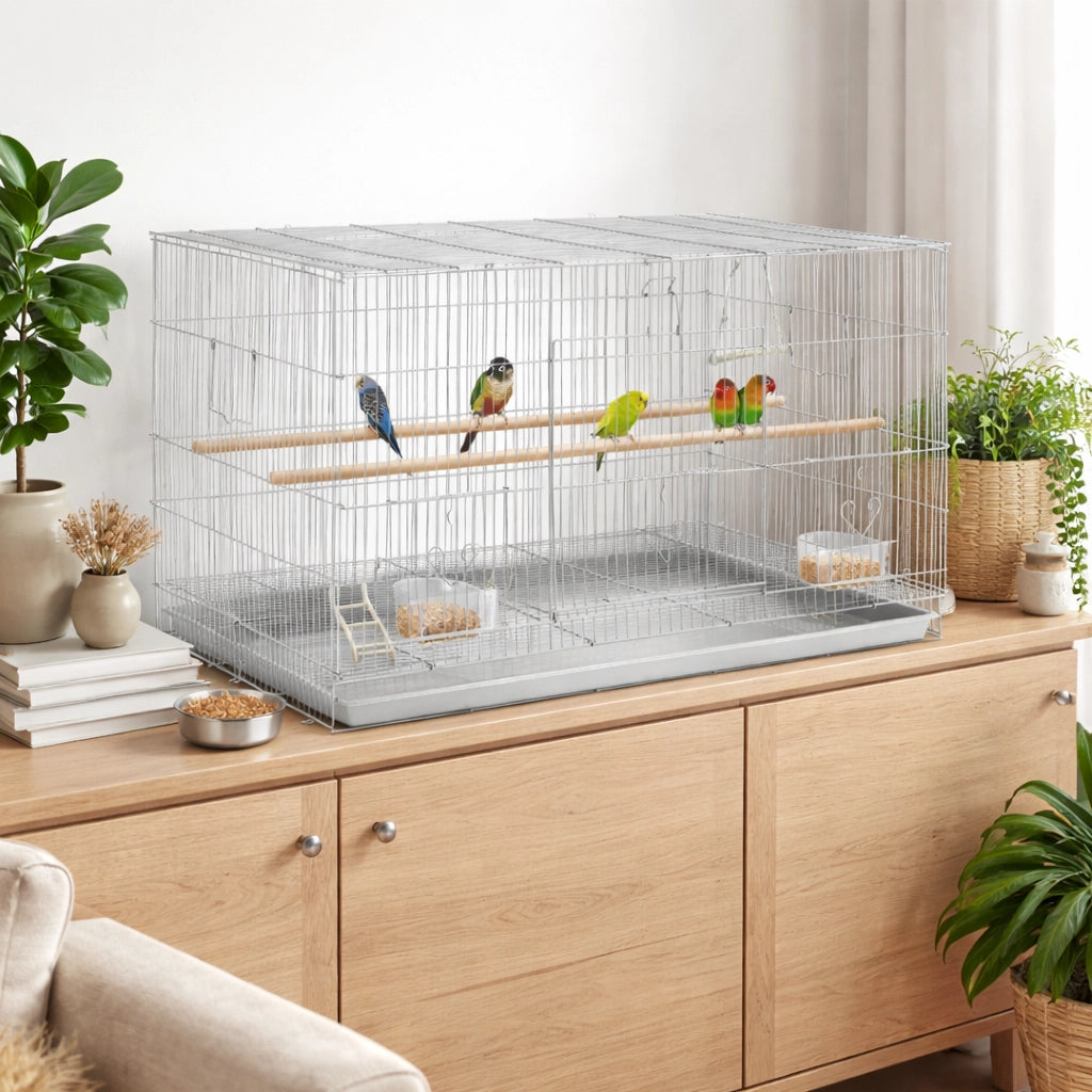 Gabbia Voliera per Uccelli Pappagalli con 2 Mangiatoie 77.5x46.5H46 cm Grigio