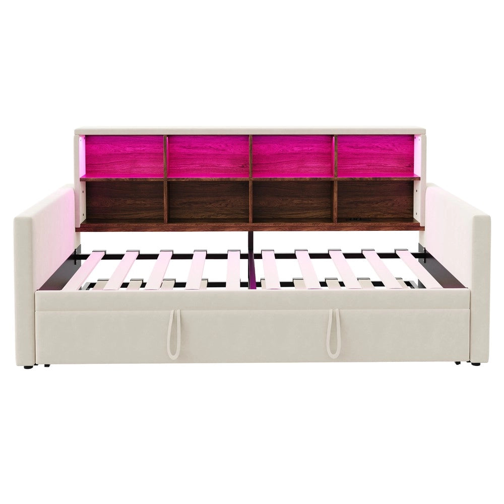Letto Imbottito con Vano Contenitore, LED e Presa USB ¨C MINIMAL ¨C Velluto Beige 90x190