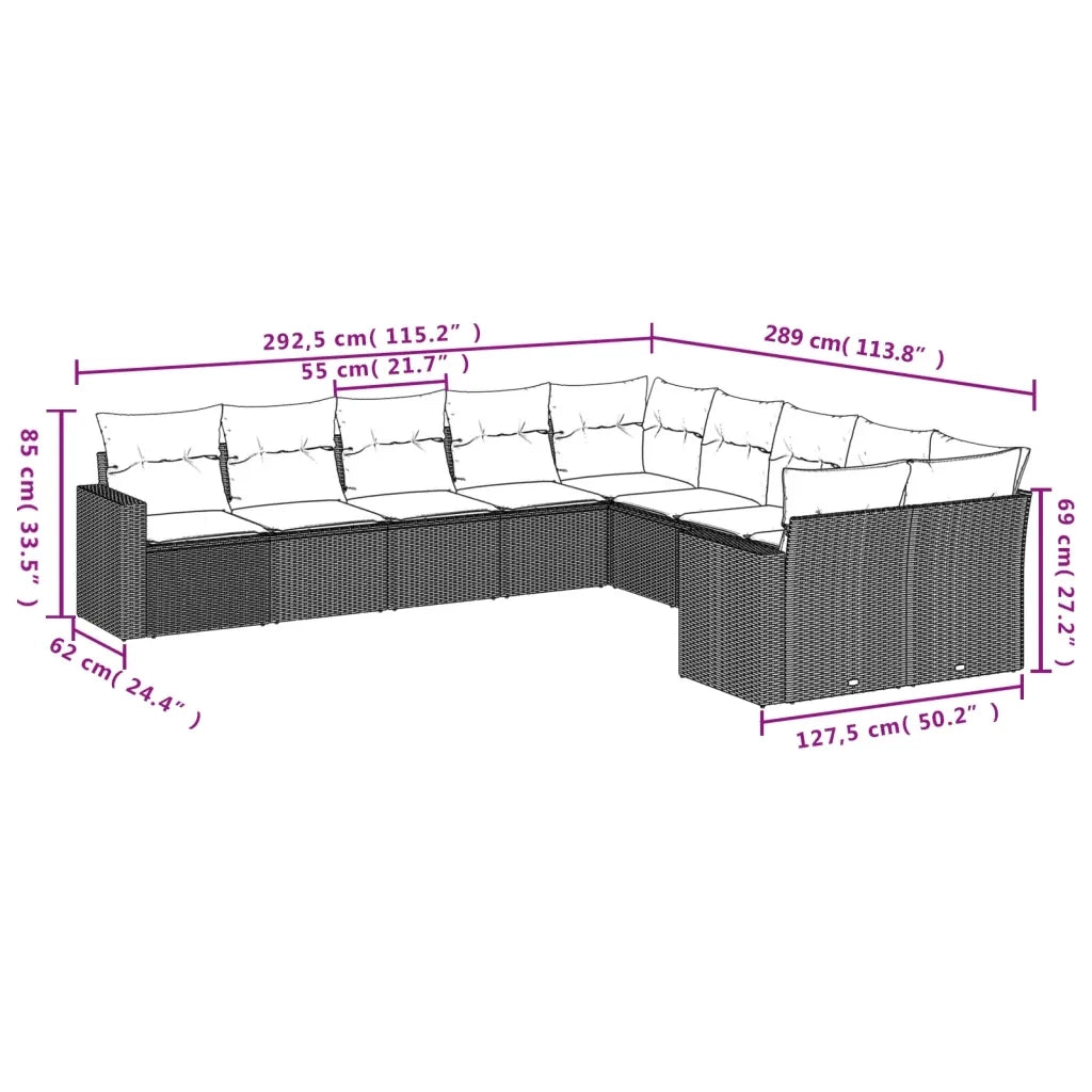 Set Divano Giardino 10 pz con Cuscini Grigio Chiaro Polyrattan