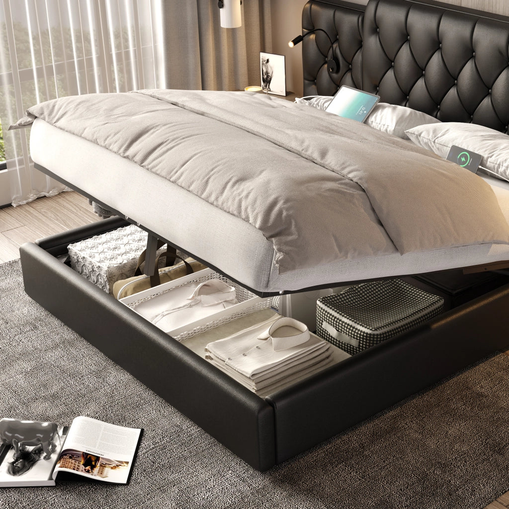 DESMIU Letto contenitore 160 × 200 cm 2 posti con USB, lampade da lettura e sollevamento idraulico, senza materasso, nero