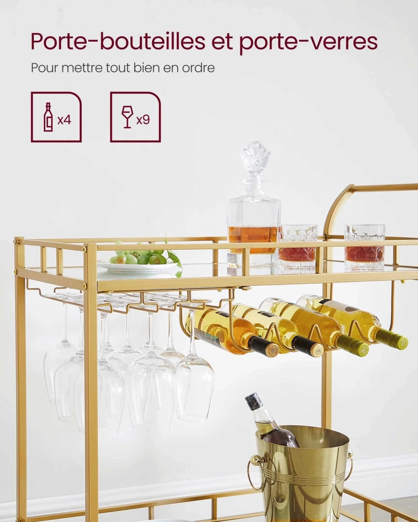 Carrello portavivande su ruote 38 x 80 x 90 cm mobile da cucina a 2 ripiani in vetro riflettente con portabottiglie e portabicchieri per bar cucina sala da pranzo oro 12_0005302
