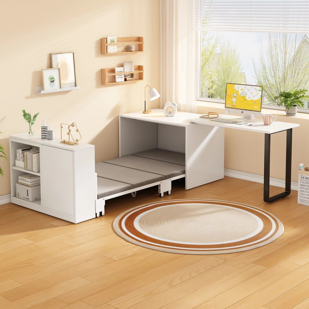 Scrivania 2-in-1 convertibile in letto bianca con materasso 4 cm ruote e armadietto