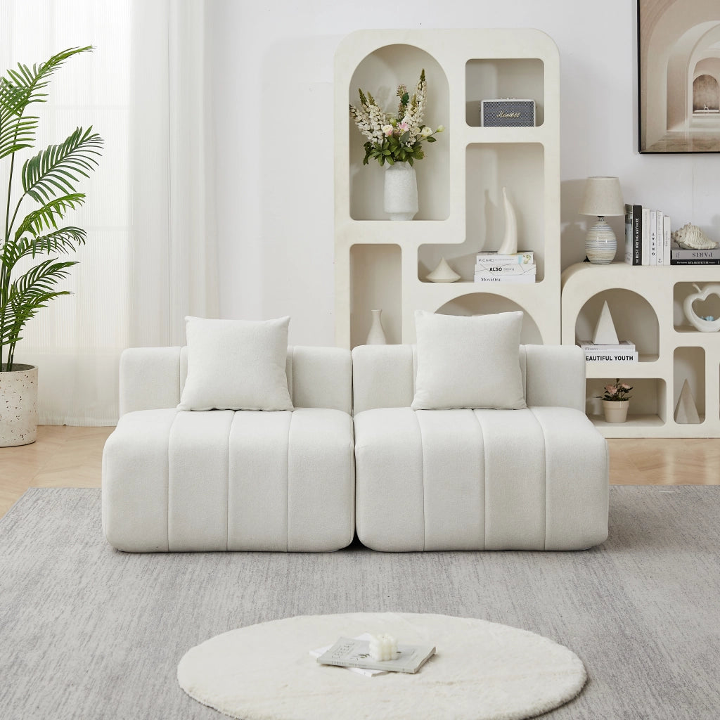 DIVANO modulare in chenille beige, design a due moduli, senza montaggio