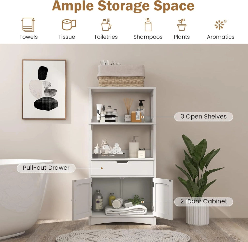 Armadietto Multiuso Bianco, Armadio Alto per Bagno con Cassetto e 2 Ripiani Aperti, Mobile Porta Microonde per Cucina, Design Compatto