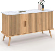 Credenza JULIETTE 110 cm, piano effetto marmo, 3 ante a doghe, doghe in legno color rovere