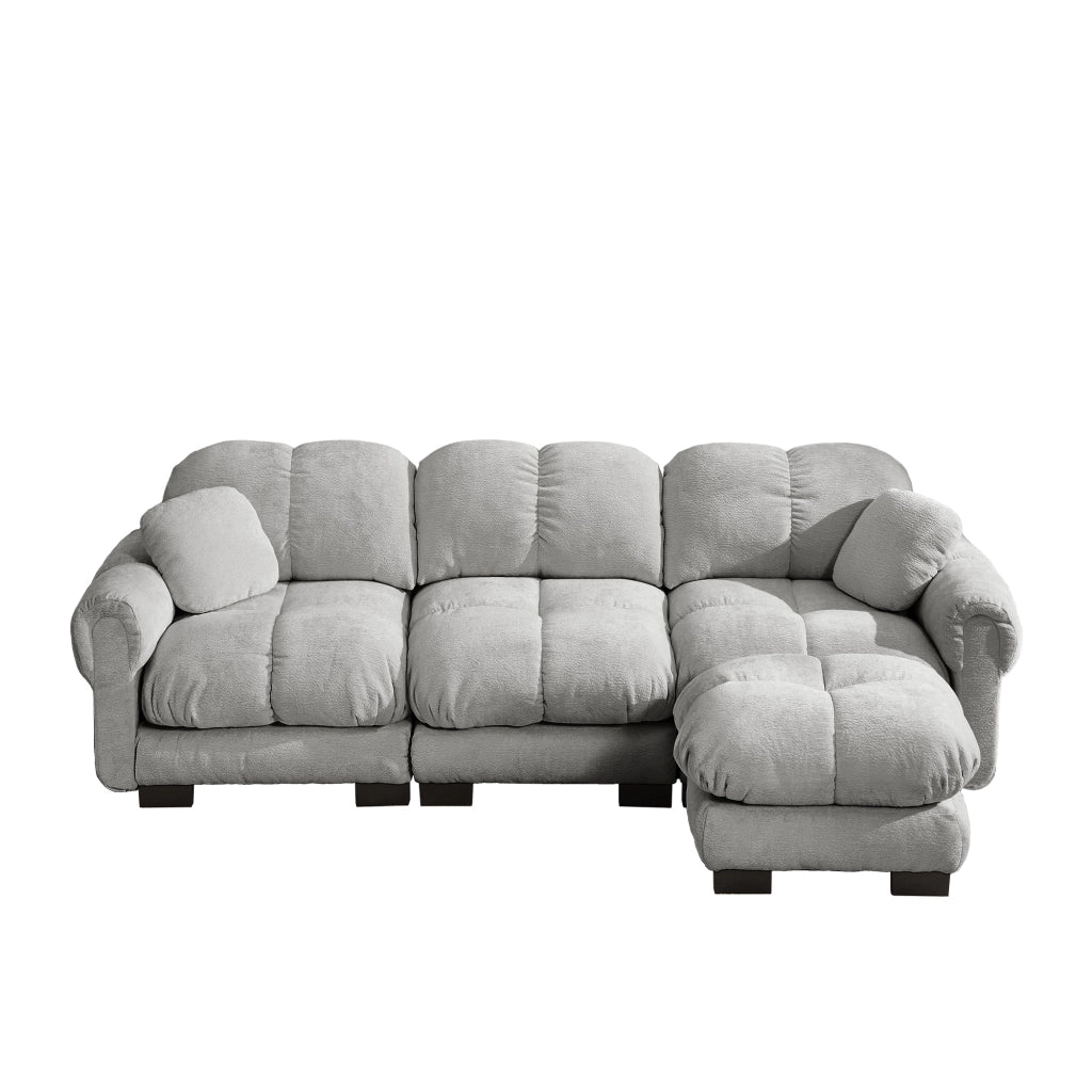 Divano angolare 3 posti - con pouf mobile e cuscini; design trapuntato - in chenille - grigio