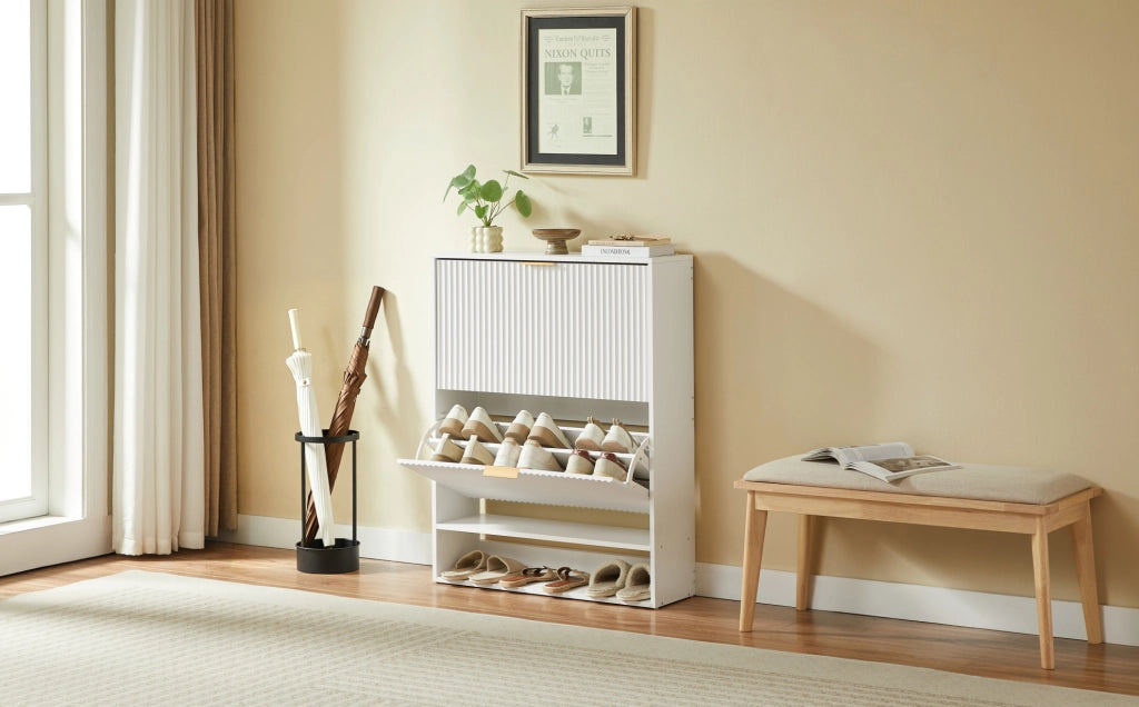 Scarpiera stretta 80x24 cm in MDF bianco con frontale scanalato per ingresso
