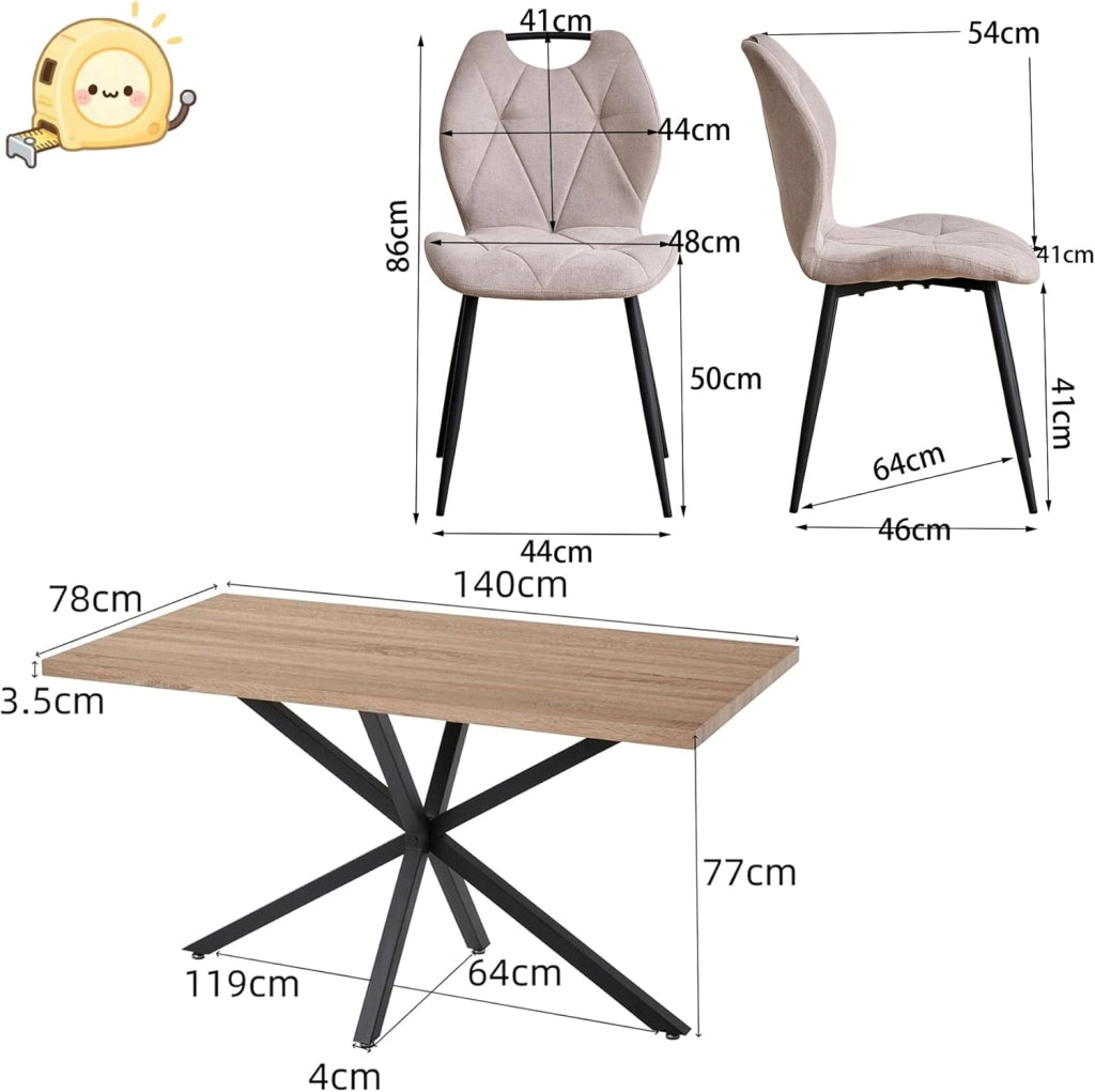 GrandCA HOME Set Tavolo e Sedie da Pranzo da 5 Pezzi, Tavolo Quadrato da 140 cm, 4 Sedia Imbottita in Lino, Adatto per Cucine, Sale da Pranzo e Soggiorni (Legno Chiaro + Beige)