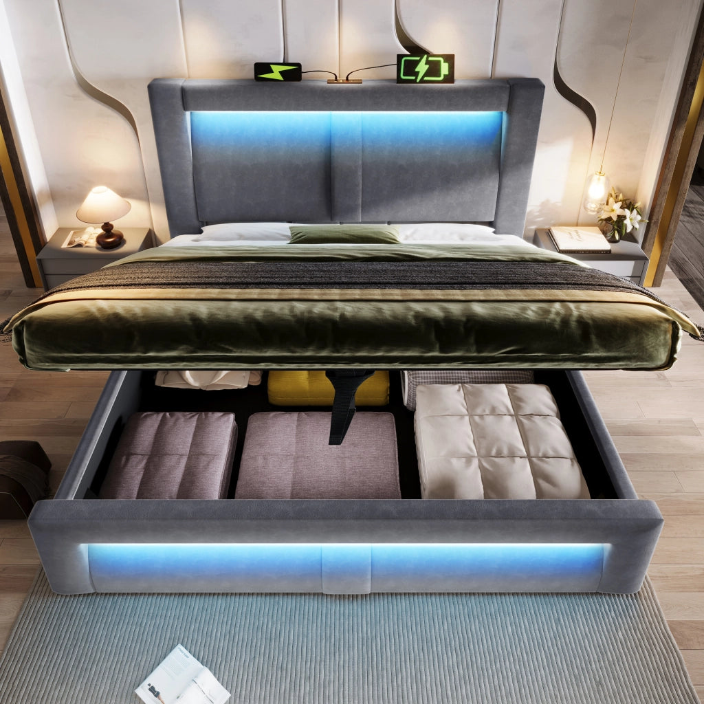 Letto Contenitore Letto Matrimoniale 140x200 cm; USB; Type-C; LED in Velluto Grigio
