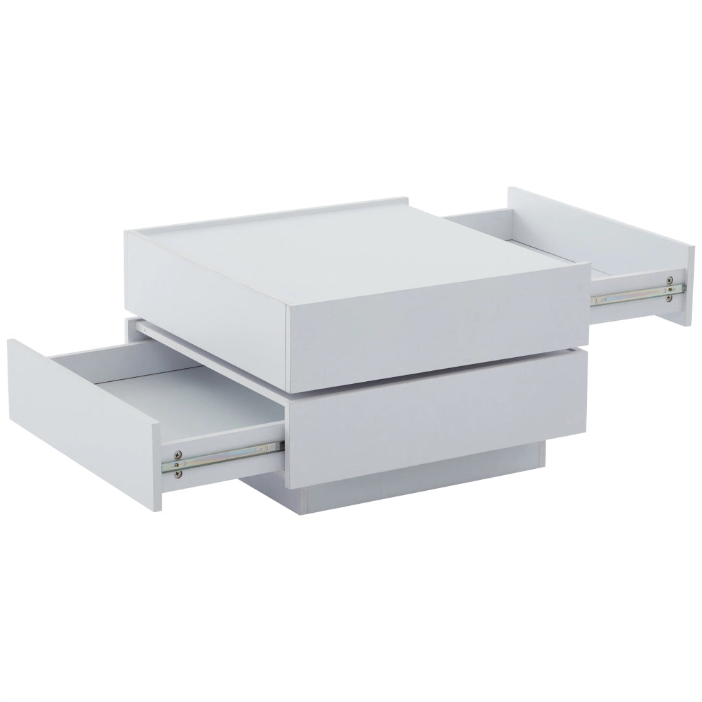 Tavolino da caffè girevole 360°, bianco, con 2 cassetti e vano contenitore, 60×60×38 cm